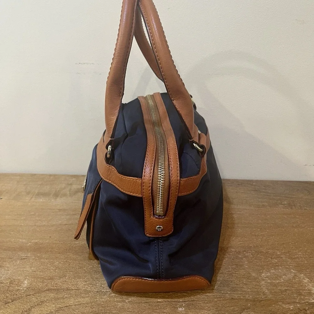 Kate Spade NY Navy Nylon Satchel Brown‎ Leather Trim Mini Bowler Top Handle Bag